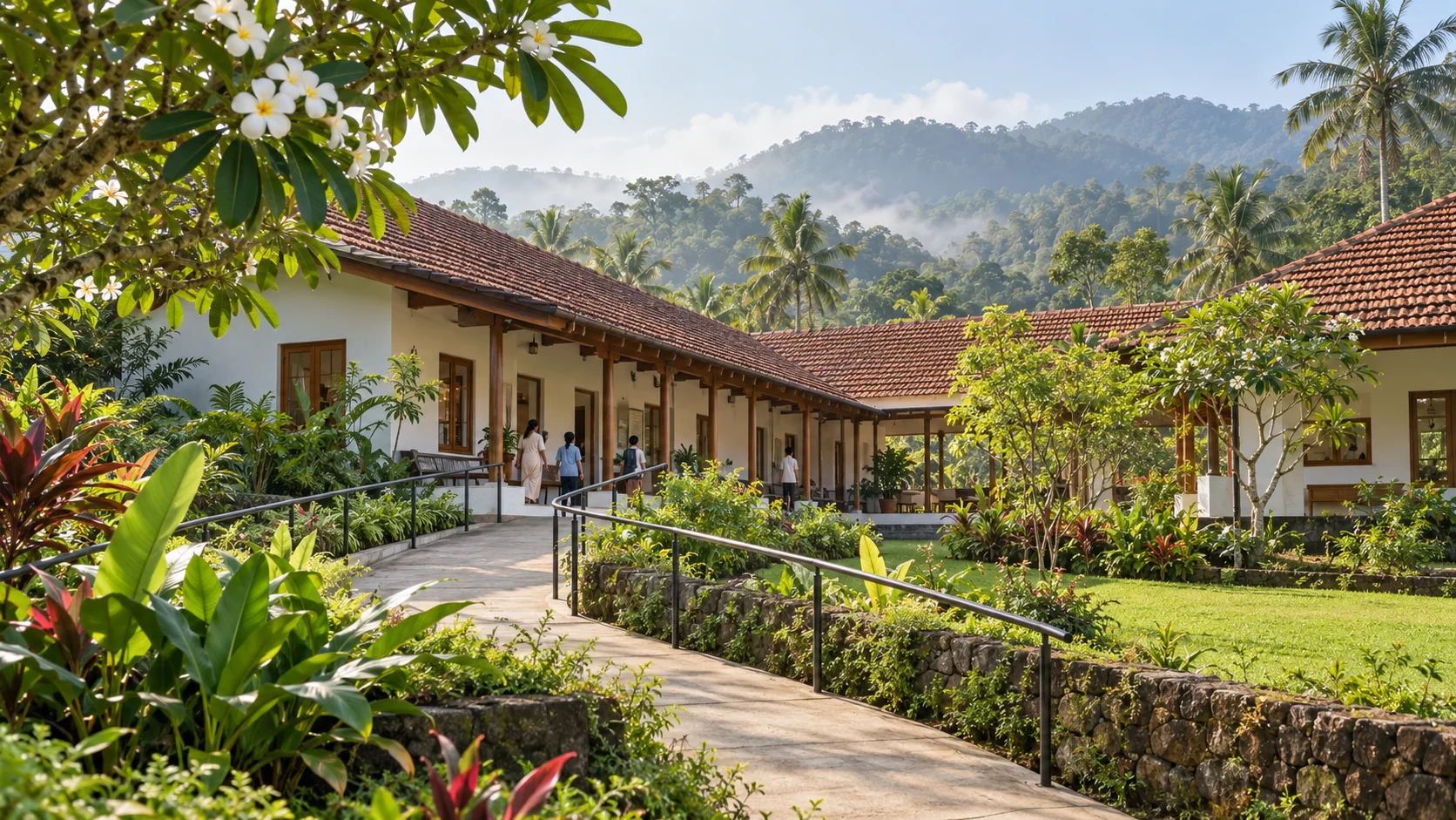 AI-generated photograph of an imagined school campus in Kerala's green hills