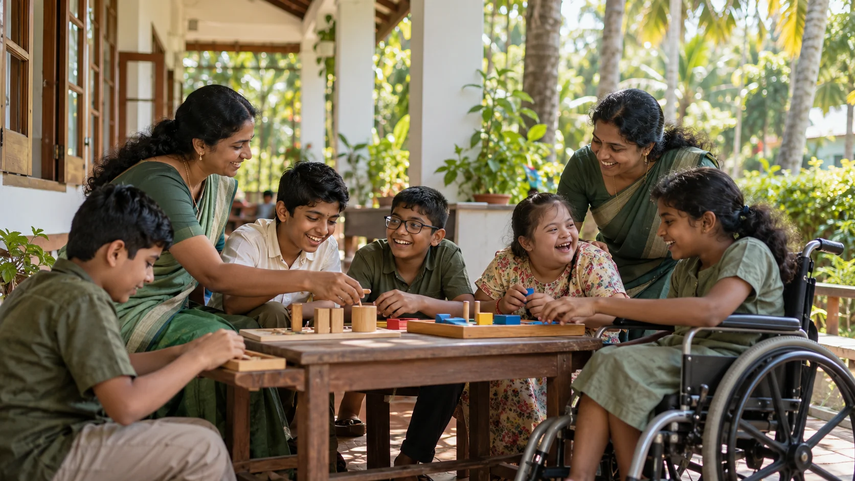 AI-generated photograph of children and educators learning together on a Kerala veranda